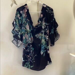 City Chic Blue and Black Flutter Sleeve Blouse Ruffled Asymmetrical